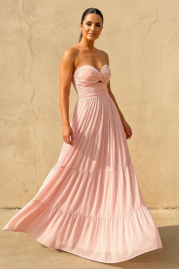 Strapless Twist - Front Tiered Maxi Dress in Blush - SHE IS ME