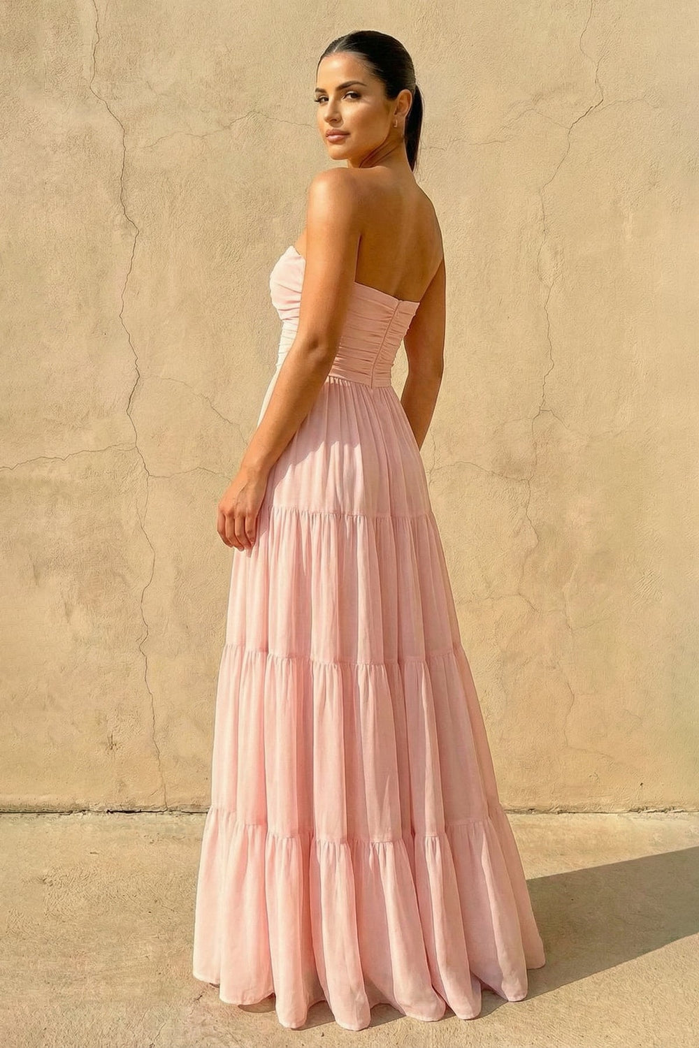 Strapless Twist - Front Tiered Maxi Dress in Blush - SHE IS ME PROM DRESSES