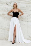 Strapless Velvet Slit Maxi Dress in Black and White - SHE IS ME