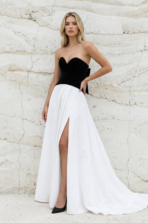 Strapless Velvet Slit Maxi Dress in Black and White - SHE IS ME