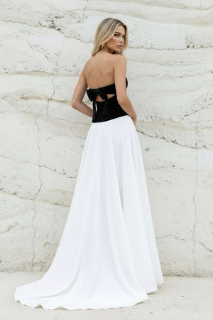Strapless Velvet Slit Prom Dress in Black and White - SHE IS ME PROM DRESSES