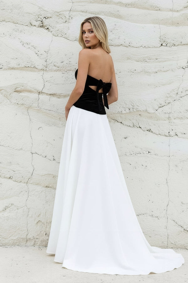 Strapless Velvet Slit Prom Dress in Black and White - SHE IS ME PROM DRESSES