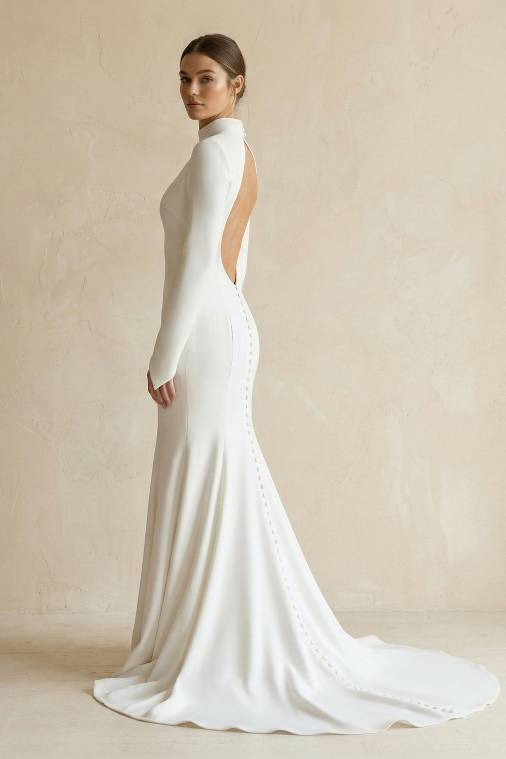 Stretch Satin High - Neck Mermaid Wedding Dress in White - SHE IS ME Wedding Dresses