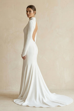 Stretch Satin High - Neck Mermaid Wedding Dress in White - SHE IS ME Wedding Dresses