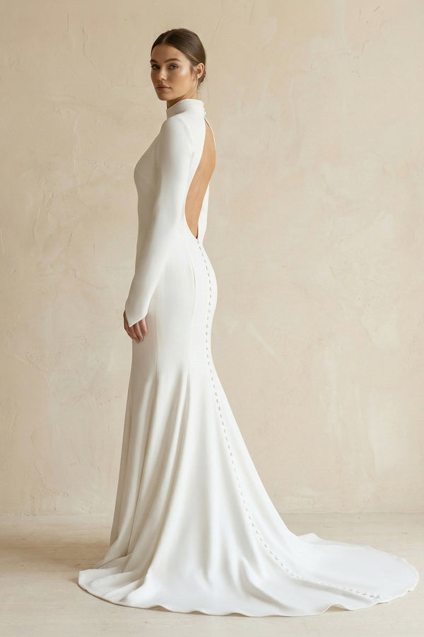 Stretch Satin High - Neck Mermaid Wedding Dress in White - SHE IS ME Wedding Dresses
