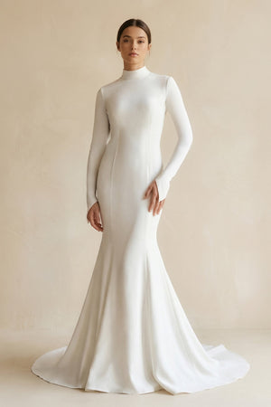 Stretch Satin High - Neck Mermaid Wedding Dress in White - SHE IS ME Wedding Dresses