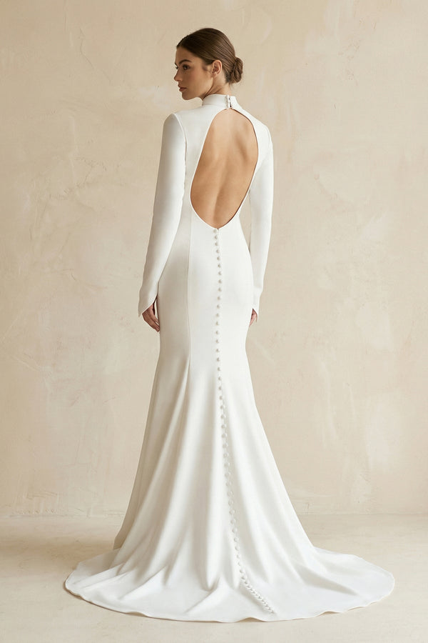 Stretch Satin High - Neck Mermaid Wedding Dress in White - SHE IS ME Wedding Dresses