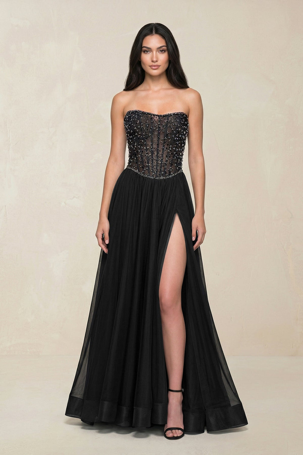 Stunning Strapless Tulle A - Line Corset Wedding Dress With Slit in Black - SHE IS ME Wedding Dresses