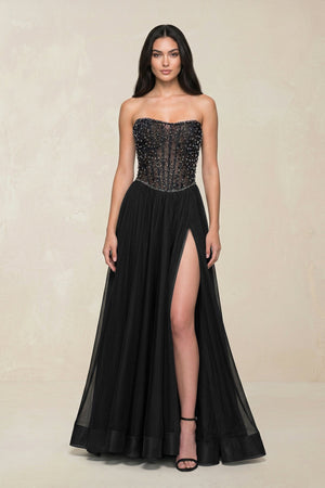 Stunning Strapless Tulle A - Line Corset Wedding Dress With Slit in Black - SHE IS ME Wedding Dresses