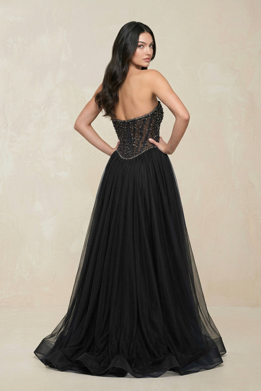 Stunning Strapless Tulle A - Line Corset Wedding Dress With Slit in Black - SHE IS ME Wedding Dresses