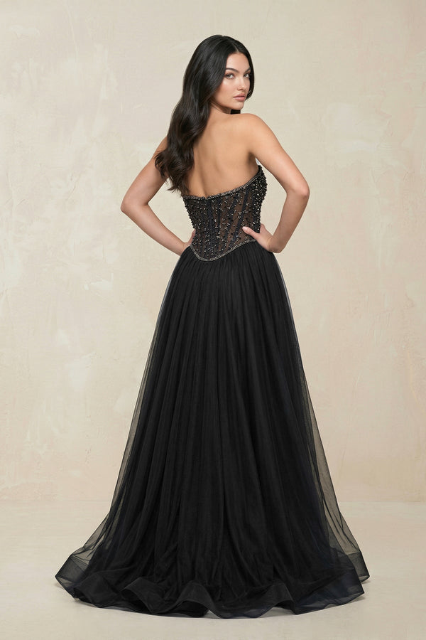 Stunning Strapless Tulle A - Line Corset Wedding Dress With Slit in Black - SHE IS ME Wedding Dresses