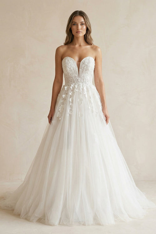 Sweetheart A - Line Appliqued Tulle Wedding Dress in Ivory - SHE IS ME Wedding Dresses