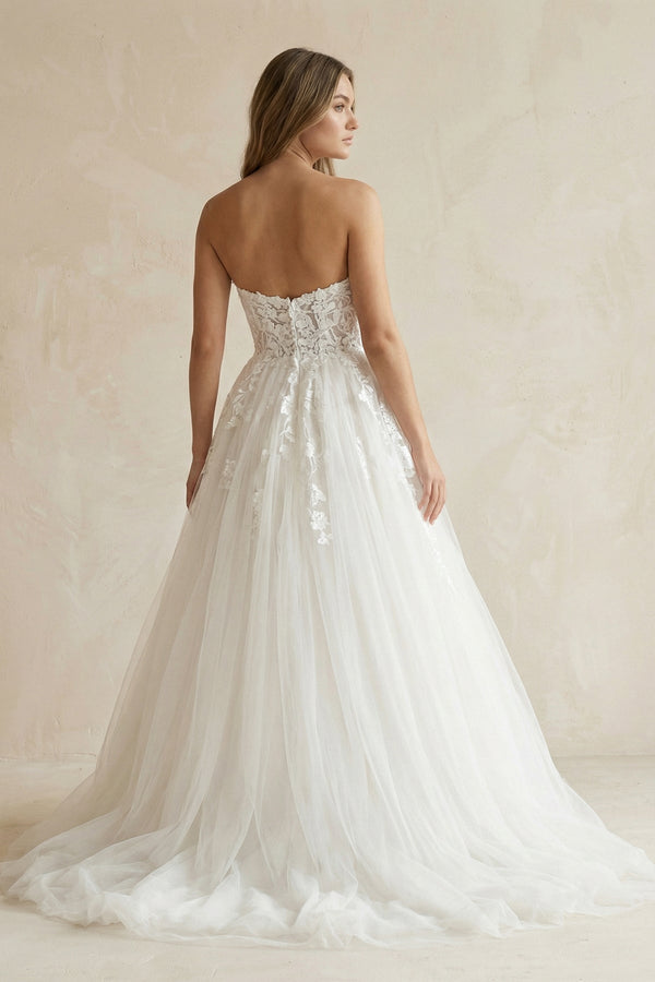 Sweetheart A - Line Appliqued Tulle Wedding Dress in Ivory - SHE IS ME Wedding Dresses