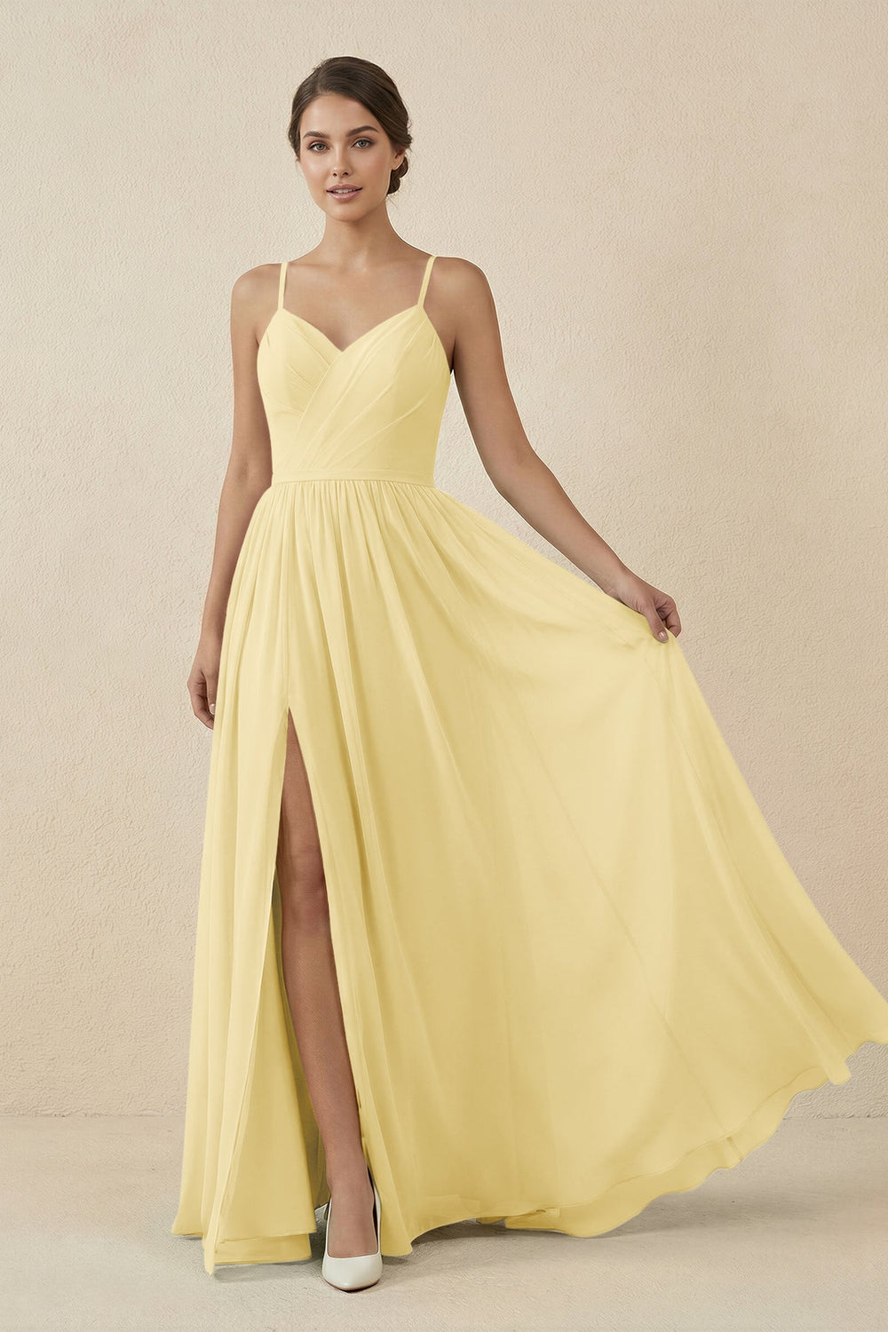 Sweetheart A - Line Chiffon Bridesmaid Dress in Pastel Yellow - SHE IS ME Bridesmaid Dresses