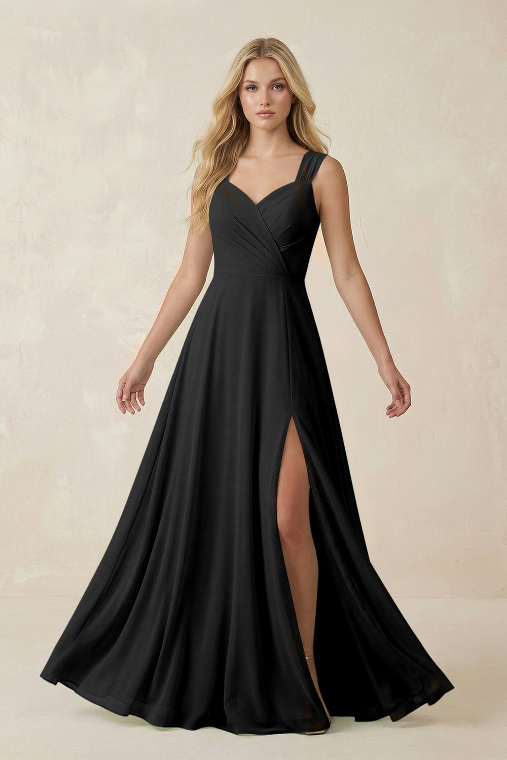 Sweetheart A - Line Chiffon Long Bridesmaid Dress in Black - SHE IS ME Bridesmaid Dresses