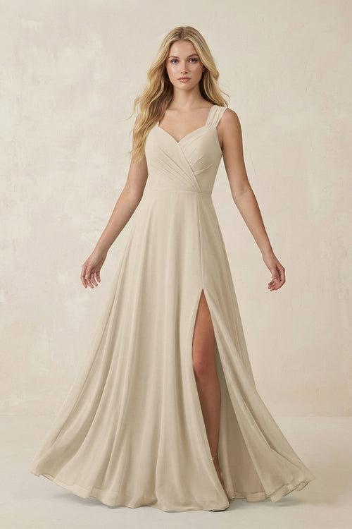 Sweetheart A - Line Chiffon Long Bridesmaid Dress in Champagne - SHE IS ME Bridesmaid Dresses