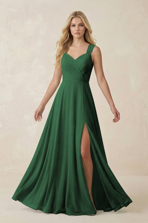 Sweetheart A - Line Chiffon Long Bridesmaid Dress in Dark Green - SHE IS ME Bridesmaid Dresses