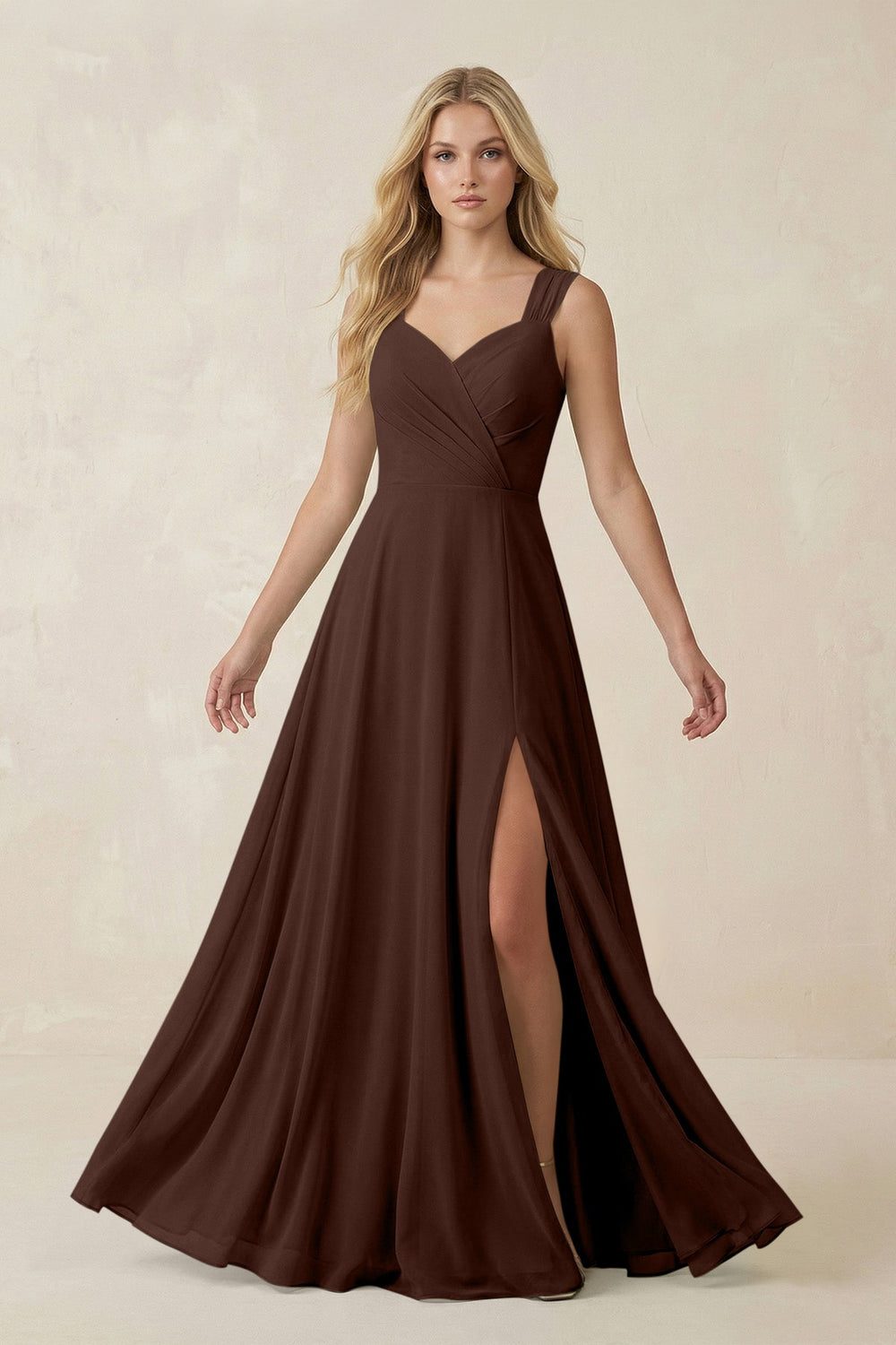 Sweetheart A - Line Chiffon Long Bridesmaid Dress in Espresso - SHE IS ME Bridesmaid Dresses