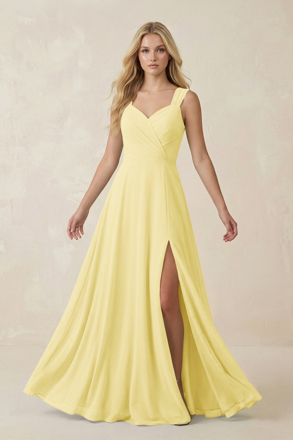 Sweetheart A - Line Chiffon Long Bridesmaid Dress in Pastel Yellow - SHE IS ME Bridesmaid Dresses