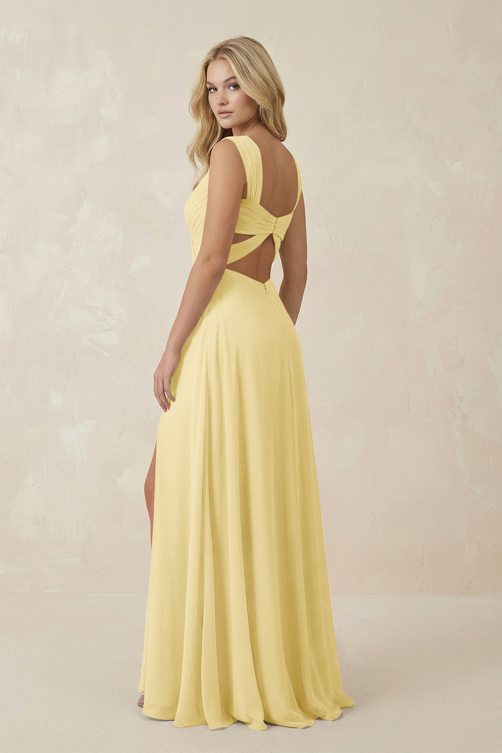 Sweetheart A - Line Chiffon Long Bridesmaid Dress in Pastel Yellow - SHE IS ME Bridesmaid Dresses