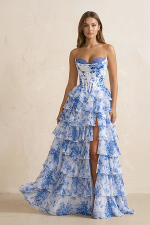 Sweetheart A Line Floral Ruffled Maxi Dress With Slit in Blue - SHE IS ME PROM DRESSES