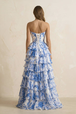 Sweetheart A Line Floral Ruffled Maxi Dress With Slit in Blue - SHE IS ME PROM DRESSES