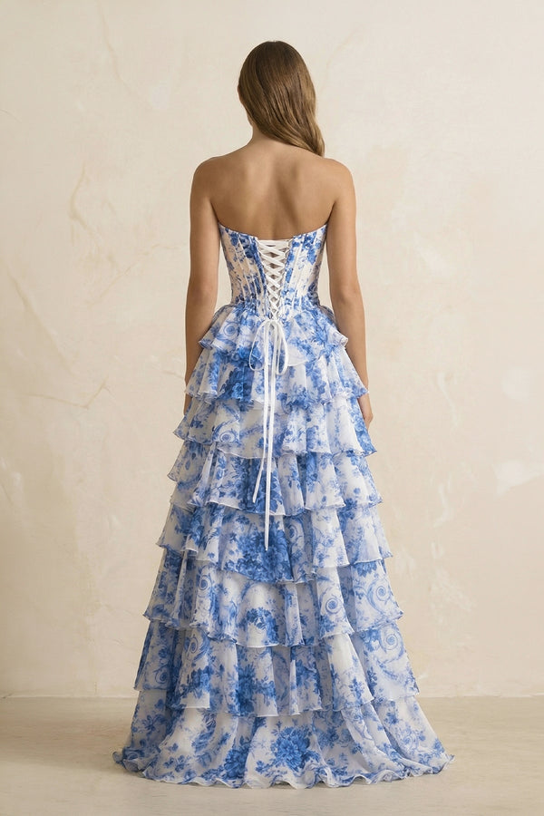 Sweetheart A Line Floral Ruffled Maxi Dress With Slit in Blue - SHE IS ME PROM DRESSES