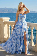 Sweetheart A Line Floral Ruffled Maxi Dress With Slit in Blue - SHE IS ME PROM DRESSES