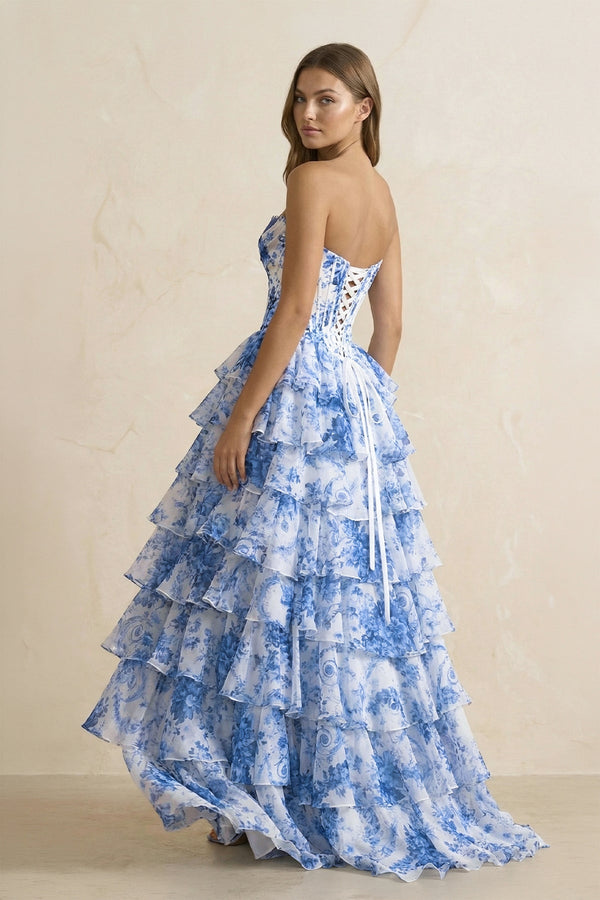 Sweetheart A Line Floral Ruffled Maxi Dress With Slit in Blue - SHE IS ME PROM DRESSES