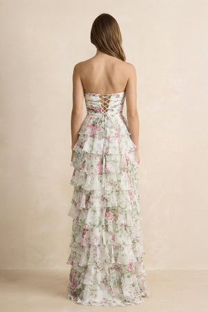 Sweetheart A Line Floral Ruffled Maxi Dress With Slit in Ivory - SHE IS ME PROM DRESSES