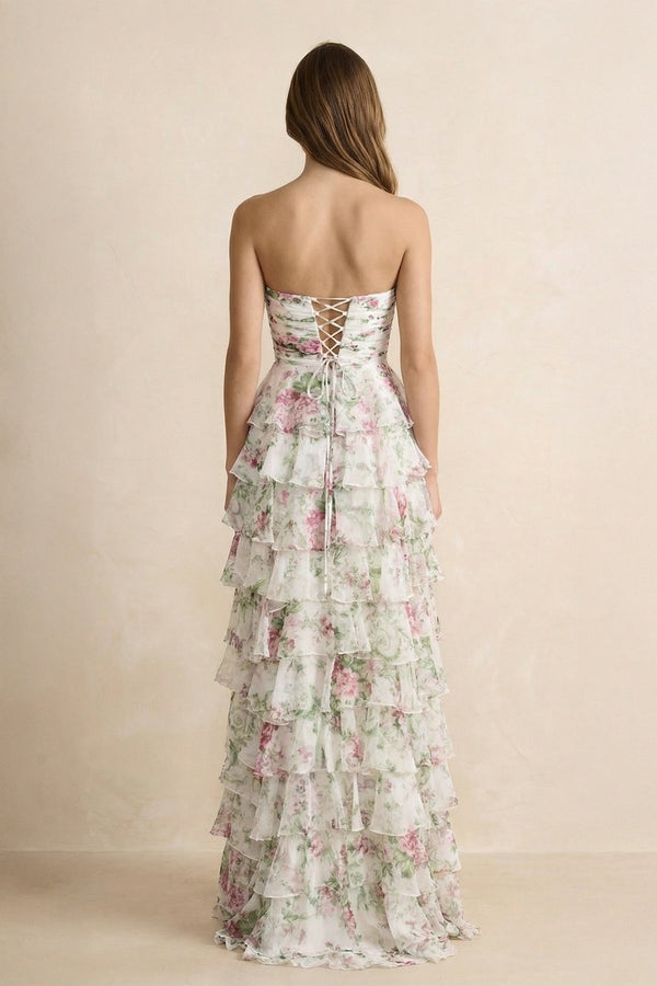 Sweetheart A Line Floral Ruffled Maxi Dress With Slit in Ivory - SHE IS ME PROM DRESSES