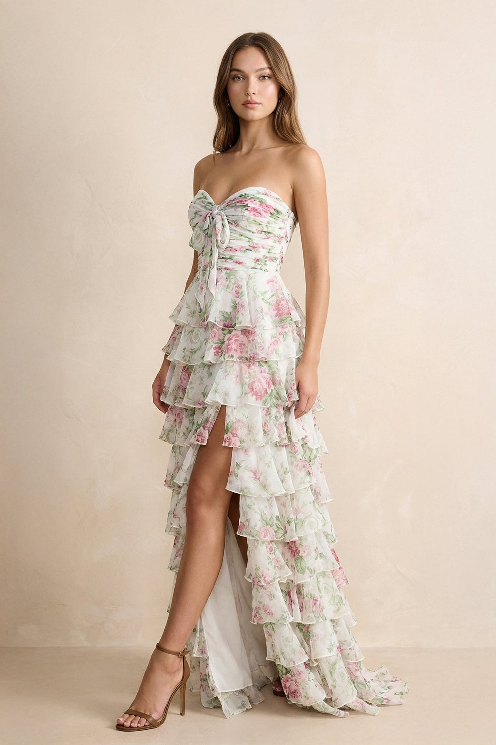 Sweetheart A Line Floral Ruffled Maxi Dress With Slit in Ivory - SHE IS ME PROM DRESSES