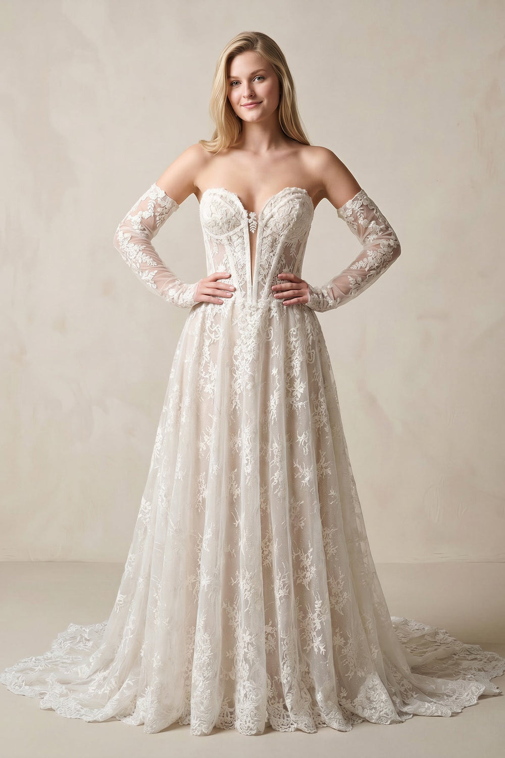 Sweetheart A - Line Lace Corset Appliqued Wedding Dress With Detachable Sleeves in Ivory - SHE IS ME Wedding Dresses