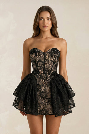 Sweetheart A - Line Lace Ruffled Mini Wedding Dress in Black - SHE IS ME Wedding Dresses