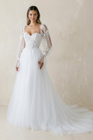 Sweetheart A Line Long Sleeves Tulle Wedding Dress in White - SHE IS ME Wedding Dresses