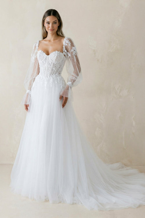 Sweetheart A Line Long Sleeves Tulle Wedding Dress in White - SHE IS ME Wedding Dresses