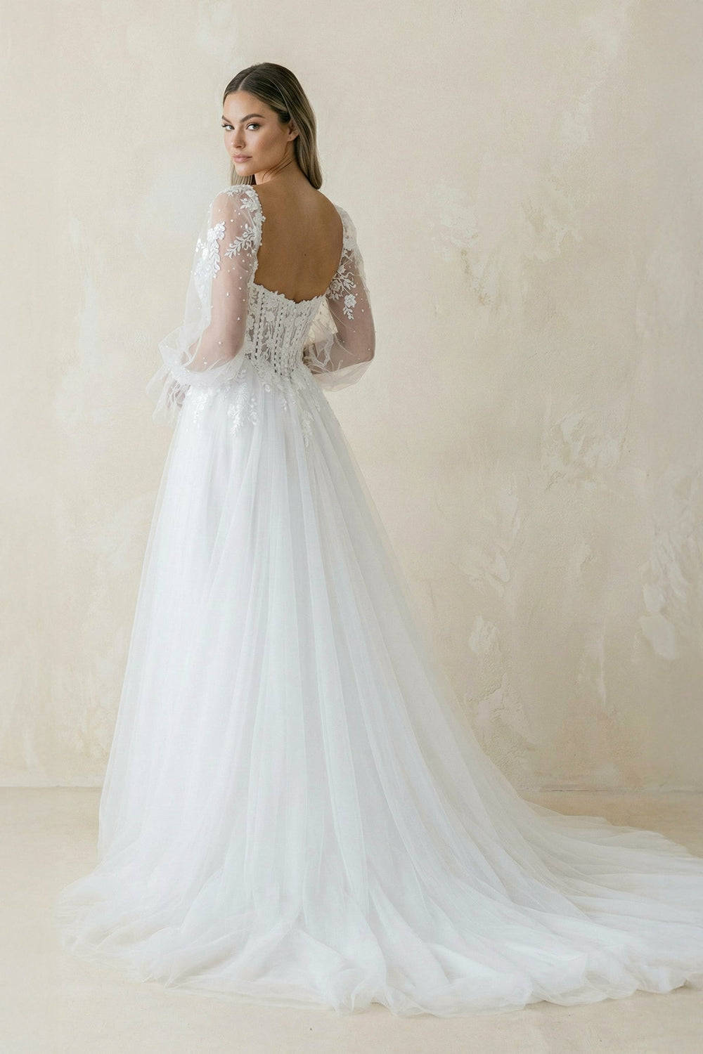 Sweetheart A Line Long Sleeves Tulle Wedding Dress in White - SHE IS ME Wedding Dresses
