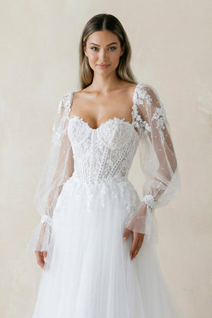 Sweetheart A Line Long Sleeves Tulle Wedding Dress in White - SHE IS ME Wedding Dresses