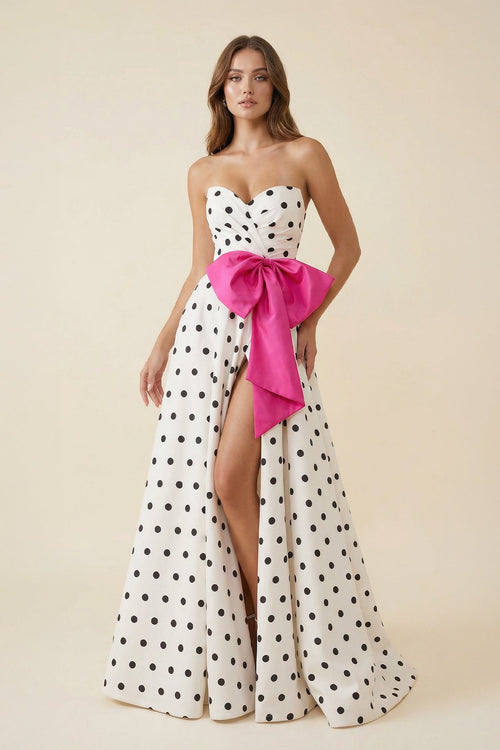 Sweetheart A Line Polka Dots Maxi Dress With Bow in Fuchsia - SHE IS ME PROM DRESSES