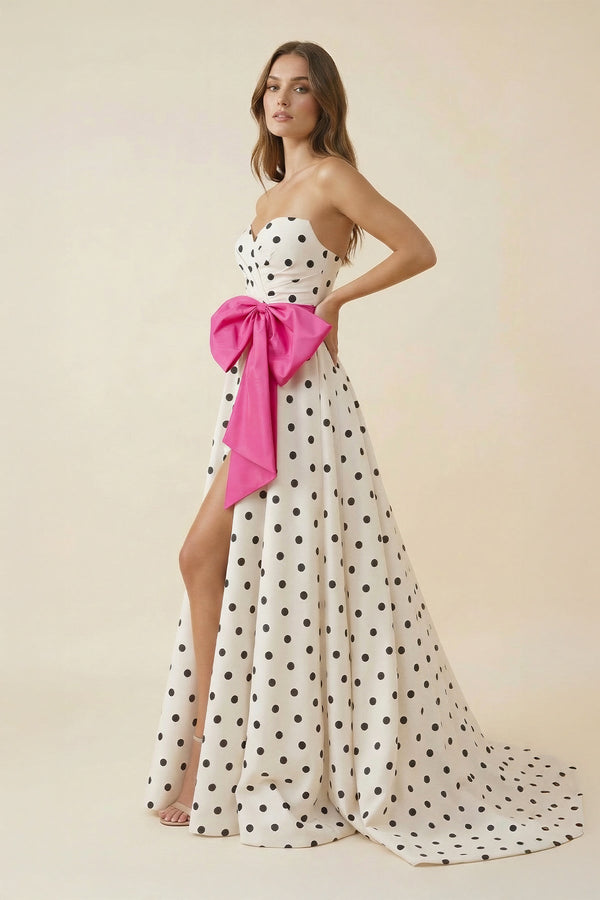 Sweetheart A Line Polka Dots Maxi Dress With Bow in Fuchsia - SHE IS ME PROM DRESSES