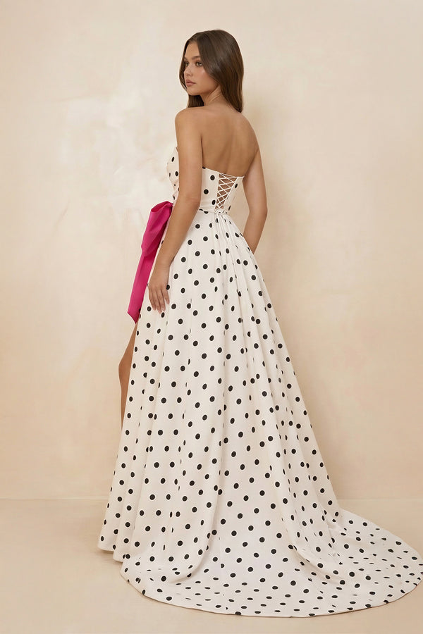 Sweetheart A Line Polka Dots Maxi Dress With Bow in Fuchsia - SHE IS ME PROM DRESSES