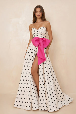 Sweetheart A Line Polka Dots Maxi Dress With Bow in Fuchsia - SHE IS ME PROM DRESSES