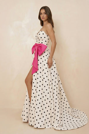 Sweetheart A Line Polka Dots Maxi Dress With Bow in Fuchsia - SHE IS ME PROM DRESSES