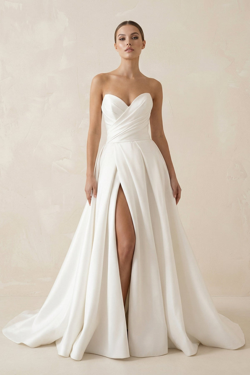 Sweetheart A - Line Ruched Satin Wedding Dress in White - SHE IS ME Wedding Dresses