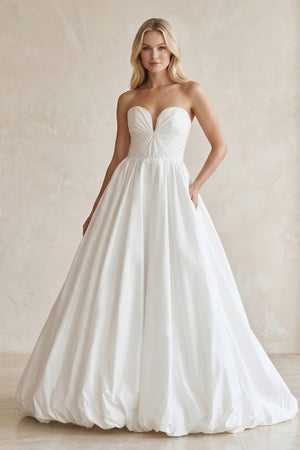Sweetheart A - Line Ruched Satin Wedding Dress in White - SHE IS ME Wedding Dresses