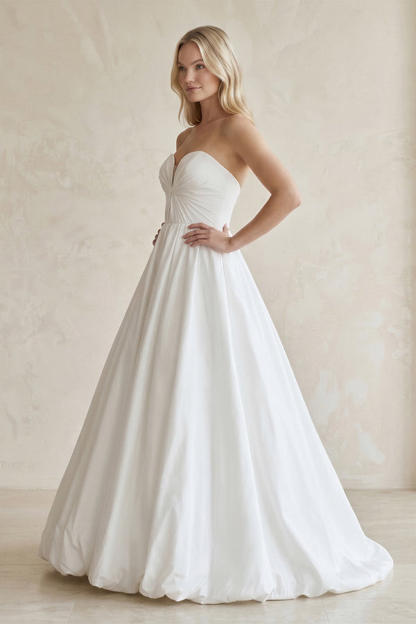 Sweetheart A - Line Ruched Satin Wedding Dress in White - SHE IS ME Wedding Dresses