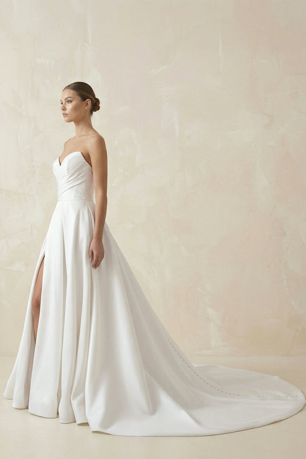 Sweetheart A - Line Ruched Satin Wedding Dress in White - SHE IS ME Wedding Dresses