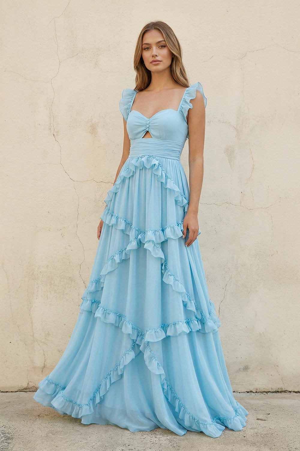 Sweetheart A Line Ruffled Maxi Dress in Sky Blue - SHE IS ME PROM DRESSES