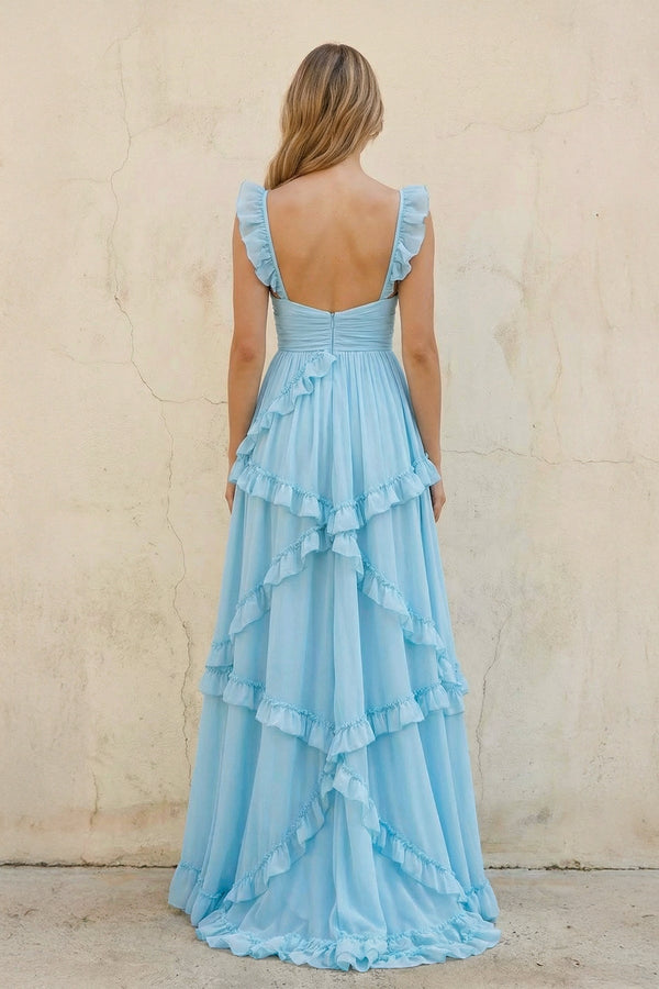Sweetheart A Line Ruffled Maxi Dress in Sky Blue - SHE IS ME PROM DRESSES