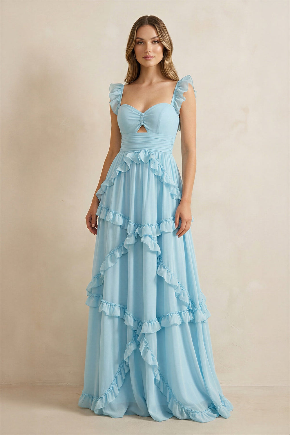 Sweetheart A Line Ruffled Maxi Dress in Sky Blue - SHE IS ME PROM DRESSES